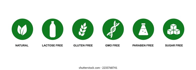 Set of icons gluten free, GMO free, sugar free, paraben, lactose free. Product packaging labels. Vector illustration