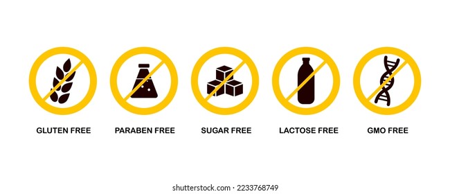 Set of icons gluten free, GMO free, sugar free, paraben, lactose free. Product packaging labels. Vector illustration