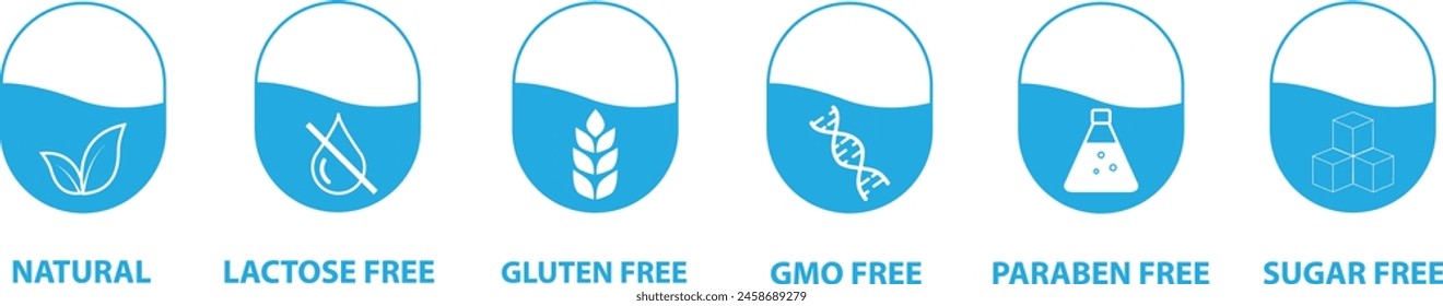 Set of icons gluten free, GMO free, sugar free, paraben, lactose free. Product packaging labels. Vector illustration