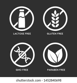 Set of icons: Gluten Free, Lactose Free, GMO Free, Paraben free. Vector illustration. 