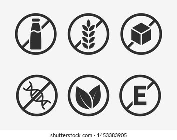 Set of icons: Gluten Free, Lactose Free, GMO Free, Paraben, Food additive, Sugar free. 