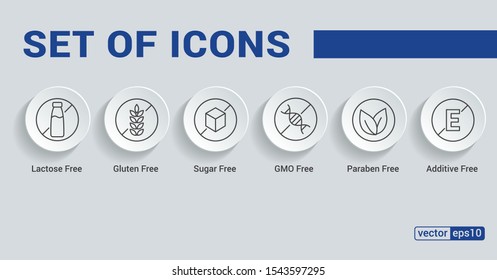 Set of icons: Gluten Free, Lactose Free, GMO Free, Paraben, Food additive, Sugar free. Vector illustration.