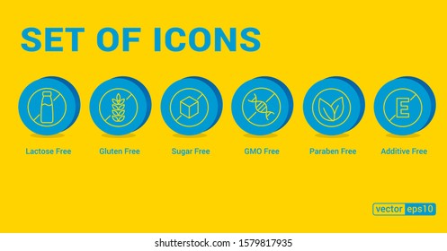 Set of icons: Gluten Free, Lactose Free, GMO Free, Paraben, Food additive, Sugar free. Vector illustration.