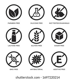 Set of icons Gluten Free, Lactose Free, GMO Free, Paraben, Food additive, Sugar free, Not Tested on Animals, Antibacterial, Silicone vector icons - Shutterstock ID 1697220214