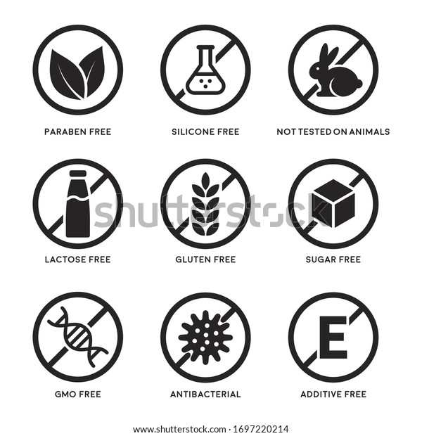 Set of icons Gluten Free, Lactose\
Free, GMO Free, Paraben, Food additive, Sugar free, Not Tested on\
Animals, Antibacterial, Silicone vector\
icons