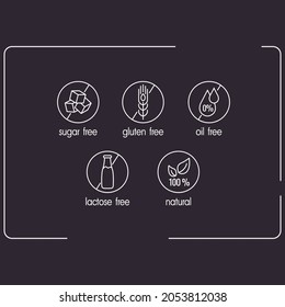 Set of icons Gluten Free, Sugar free, Oil Free, Lactose Free and 100% Natural vector icons