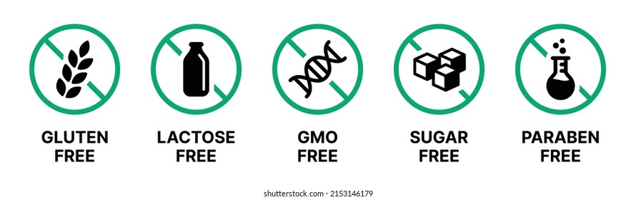 Set icons of Gluten, Lactose Free, GMO Free, Sugar Free and Paraben Free label sign isolated on white background.