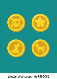 A set of icons of gold coins with images: skull and bones;  star, dog and  horse.