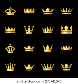 Set of icons  golden crowns isolated on  a black background