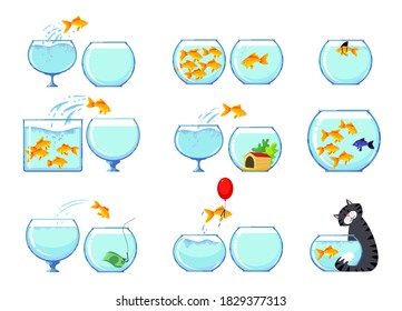 Set of icons with Goldfish and Cat Characters. Cute Funny Mascots for Zoo Market. Gold Fish Swim and Jump in Glass Aquariums, Fly on Balloon, Wear Shark Fin, Money on Hook. Cartoon Vector Illustration