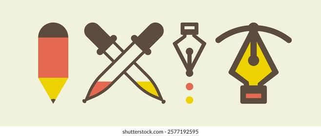 Set of icons for graphic design. Collection of different elements: ink pen, pencil, pipette with coloured liquid. Flat vector illustration for banner, poster, poster, flyer or cover.