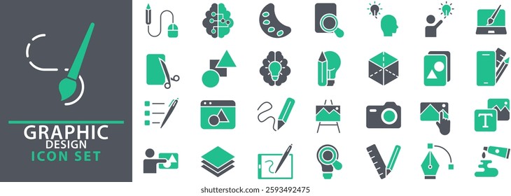 Set of icons of graphic design. Simple icons in a modern style. Graphic design, creative package, stationary, software and more