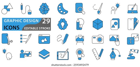 Set of icons of graphic design. Simple icons in a modern style. Graphic design, creative package, stationary, software and more