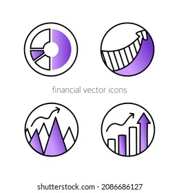 A set of icons for graphs and diagrams in a vector. Analytics and financial symbols are purple. Vector illustration