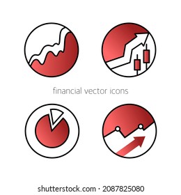 A set of icons for graphs and diagrams in a vector. Analytics and financial symbols are red. Vector illustration in the style of lines