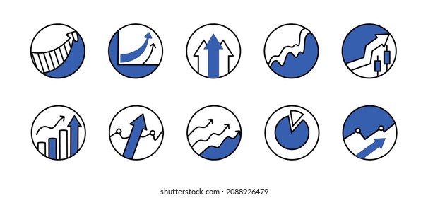 A set of icons for graphs and diagrams in a vector. Analytics and financial symbols are blue. Vector illustration