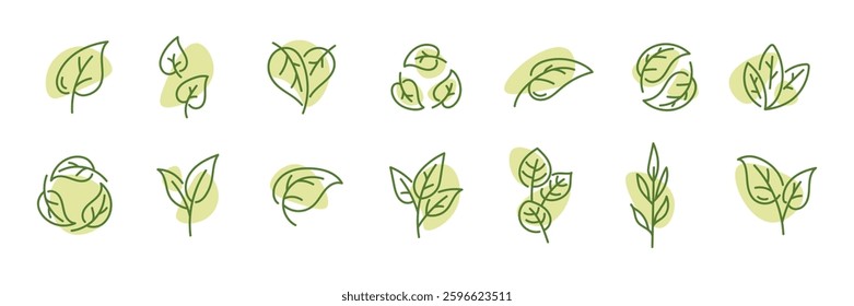 Set of icons green leaves doodle outline and color spot. Ecology and nature. Isolated on white background. Vector illustration.