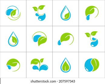 Set of icons with green leaves and water drops for ecological and organic design