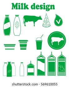 Set icons of green milk icons. Vector dairy products design