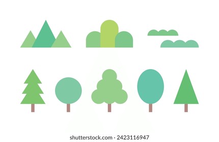 A set of icons in a green, simple and minimalistic geometric style with trees, mountains, forests, and nature concepts.