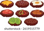 set of icons of grilled meat burger patties with various ingredients on top, for international hamburger day