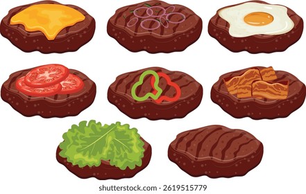 set of icons of grilled meat burger patties with various ingredients on top, for international hamburger day