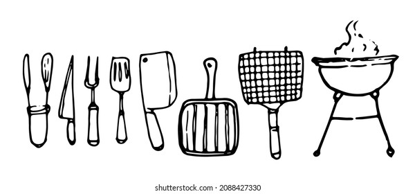 a set of icons for grilling tools. collection of knives and forks, grill pans and barbecue grill for summer picnic, doodle style with black line on white for design template