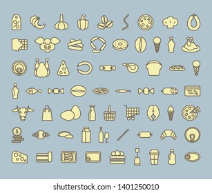 set of icons for the grocery store. Vector color illustration on a blue background.