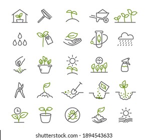 Set of icons. Growing seedlings plant shoots. Agriculture and agronomist. Biotechnology plants and flasks. Vector contour line.