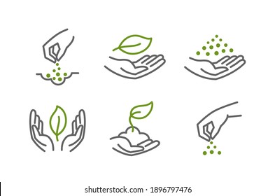 Set of icons. Growing seedlings plant shoots in hand. Sowing seeds. Environmental protection. Vector contour green line. - Shutterstock ID 1896797476