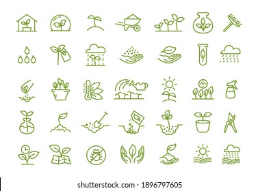 Set von Symbolen. Die Pflanze der wachsenden Samen schießt. Landwirtschaft und Gärtner. Biotechnologie-Anlagen. Samen säen. Vektorkontur grüne Linie.