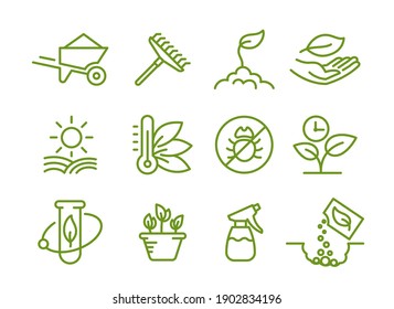 Set Of Icons. Growing Seedlings Plant. Agriculture And Gardener. Biotechnology Plants. Sowing Seeds. Vector Contour Green Line.