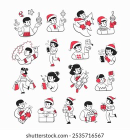 Set of icons of a guy and a girl preparing for Christmas, decorating a tree, hanging a garland, sending cards, giving gifts, etc.