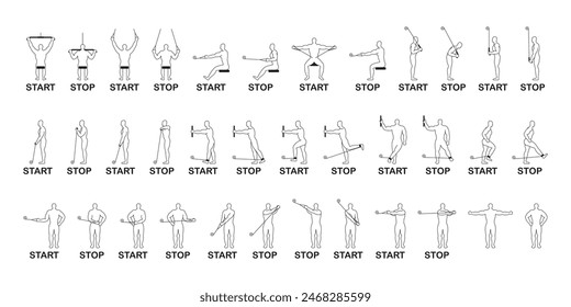 A set of icons for a gym, sports exercises for a universal multifunctional simulator, line drawings of a person doing sports.