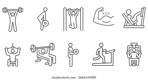 Set of icons for gym strength, fitness machines, bodybuilding, weightlifting, heavy training, exercise equipment, muscle training, bicep, running, customizable stroke, vector, illustration