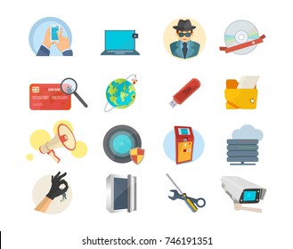 Set of icons hacker, internet security, information technology. Digital virus, digital protection, hacker attack, computer network and data protection. Vector illustration isolated.