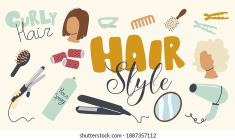 Set of Icons Hair Styling Theme. Curly Iron, Comb, Curlers or Female Head, Round Mirror, Fan, Barrette or Hair Spray with Bobby Pins. Beauty Salon Equipment for Women Style. Linear Vector Illustration