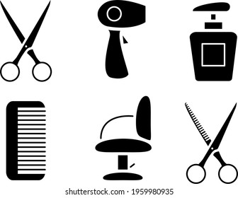 set of icons of hairdressing accessories such as scissors hair dryer comb chair shampoo. Tools for barbershops. Vector illustration isolated on white background.