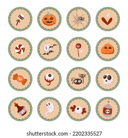 Set of icons for Halloween celebration. A big collection of cartoon hand drawn vector stickers about pumpkins, spiders and candy canes. Various ghost icons, potion bottles, eyes, skulls.