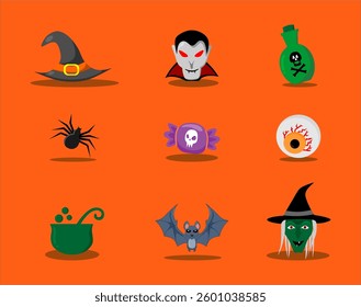 A set of icons for Halloween celebration. Pumpkins, vampires, spiders, witches, potions. A set of vector Halloween icons for greeting cards and banners.