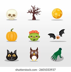 A set of icons for Halloween celebration. zombies, potions, pumpkins, skulls. A set of Halloween vector icons for greeting cards and banners.