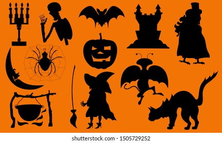 Set of icons - halloween characters. A collection of images in the form of black silhouettes representing the feast of veneration of the dead and their spirits, the activation of evil spirits.