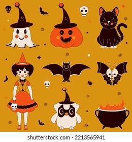 Set of icons - halloween characters. A collection of images representing the feast of veneration of the dead and their spirits, the intensification of evil spirits on the eve of All Saints Day..