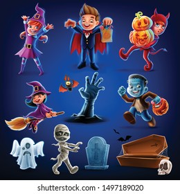 set of icons for halloween with children