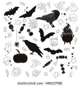 Set of icons for Halloween. Crows, bat, spider, cauldron, candy and other items. Vector illustration on white background. Elements for design.
