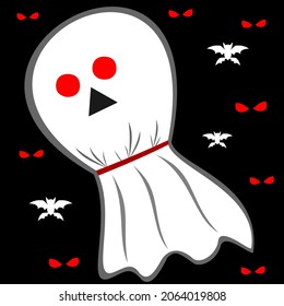Set of icons Halloween ghost, bat and red eyes with black background, illustration of Halloween vector, white spooky and scary ghost with red eyes