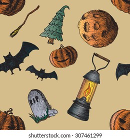 Set of icons for Halloween. Icons hand-drawn. Seamless pattern.