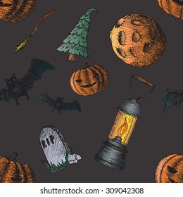 Set of icons for Halloween. Icons hand-drawn. Seamless pattern.