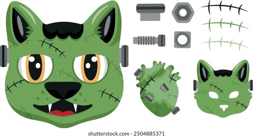 set of icons for the Halloween holiday with a cat in a Frankishtein mask, bolts, scars, a monster heart with bolts and a Frankishtein mask, vector