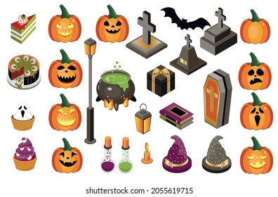 Set of icons for Halloween isometric. Vector illustration.